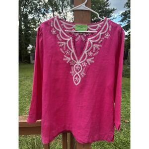 Pappagallo Fuchsia Linen Embroidered Beaded Resortwear Tunic Size Large